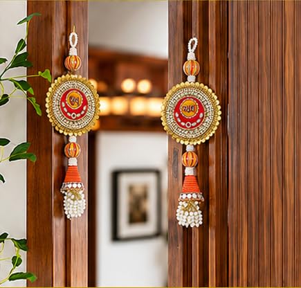Shubh Labh Toran Hanging for Home Decor | Traditional Diwali Door Hanging Toran with Beads, Pearls & Decorative Latkan | Shubh Labh Wall Hanging for Main Door