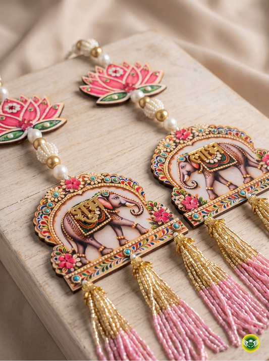 Traditional lotus elephant wall hanging with pink, gold and pearl detailing for Diwali home decor