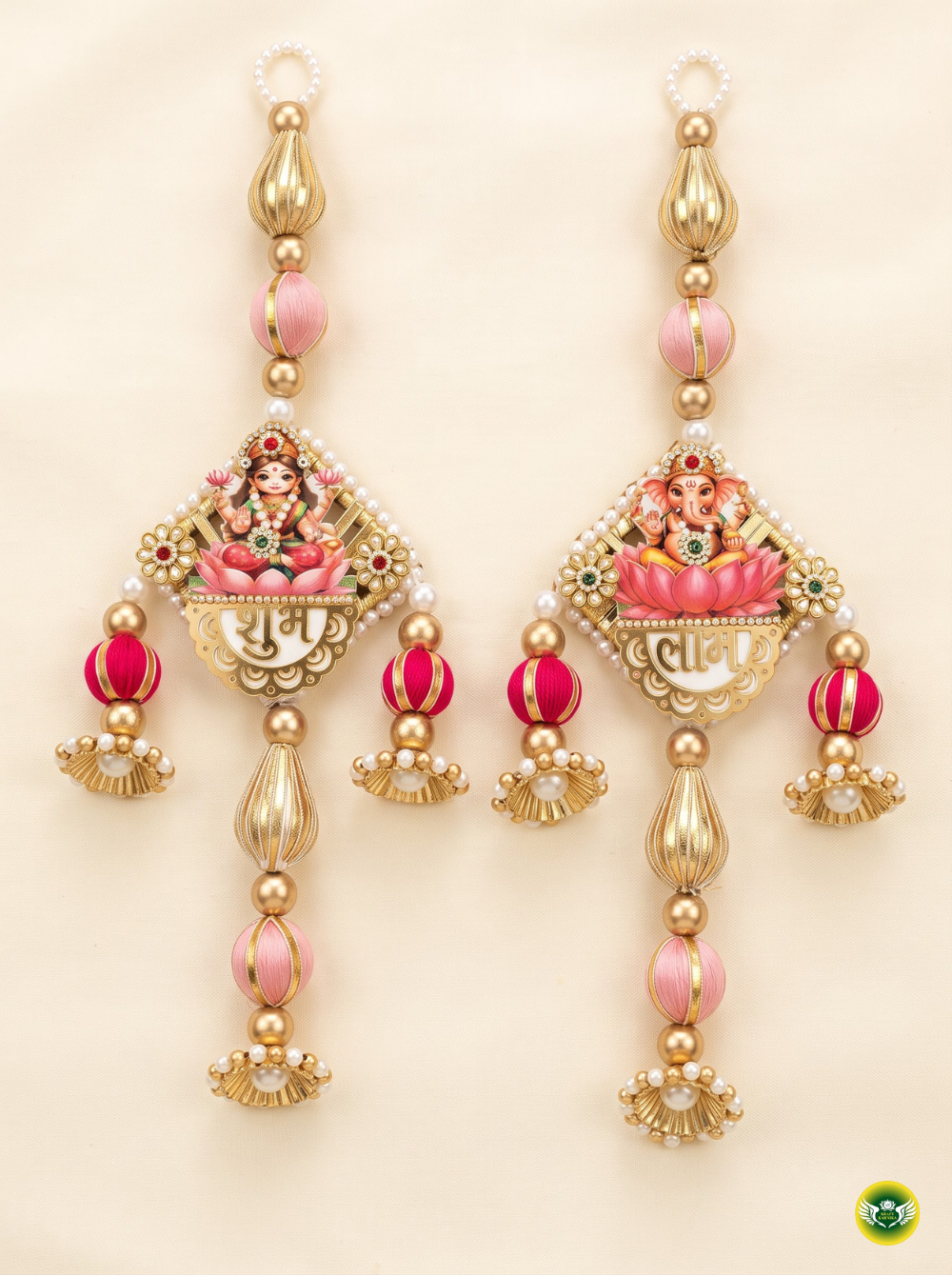 Ganesh Lakshmi decorative hanging with pink lotus, gold and pearl detailing for Diwali home decor