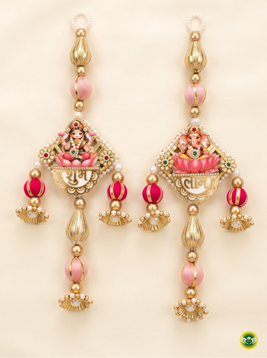 Ganesh Lakshmi decorative hanging with pink lotus, gold and pearl detailing for Diwali home decor