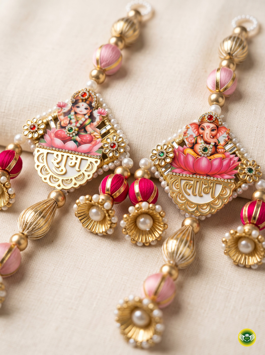 Ganesh Lakshmi decorative hanging with pink lotus, gold and pearl detailing for Diwali home decor