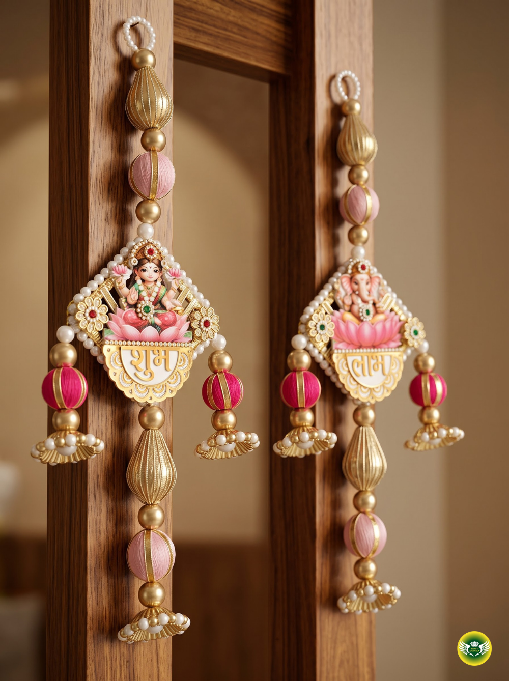 Ganesh Lakshmi decorative hanging with pink lotus, gold and pearl detailing for Diwali home decor