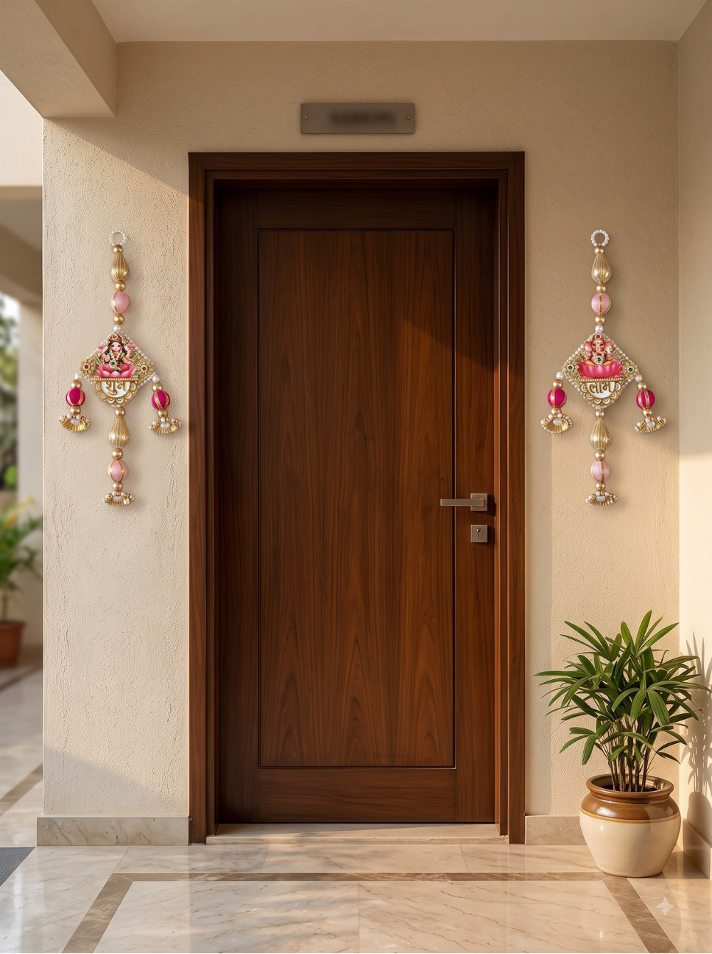 Ganesh Lakshmi decorative hanging with pink lotus, gold and pearl detailing for Diwali home decor