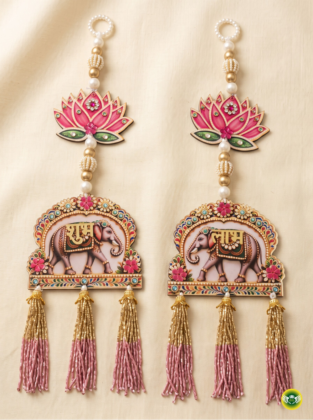 Traditional lotus elephant wall hanging with pink, gold and pearl detailing for Diwali home decor