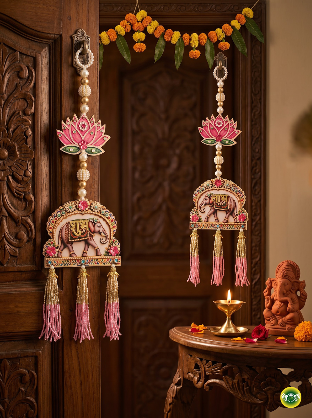 Traditional lotus elephant wall hanging with pink, gold and pearl detailing for Diwali home decor