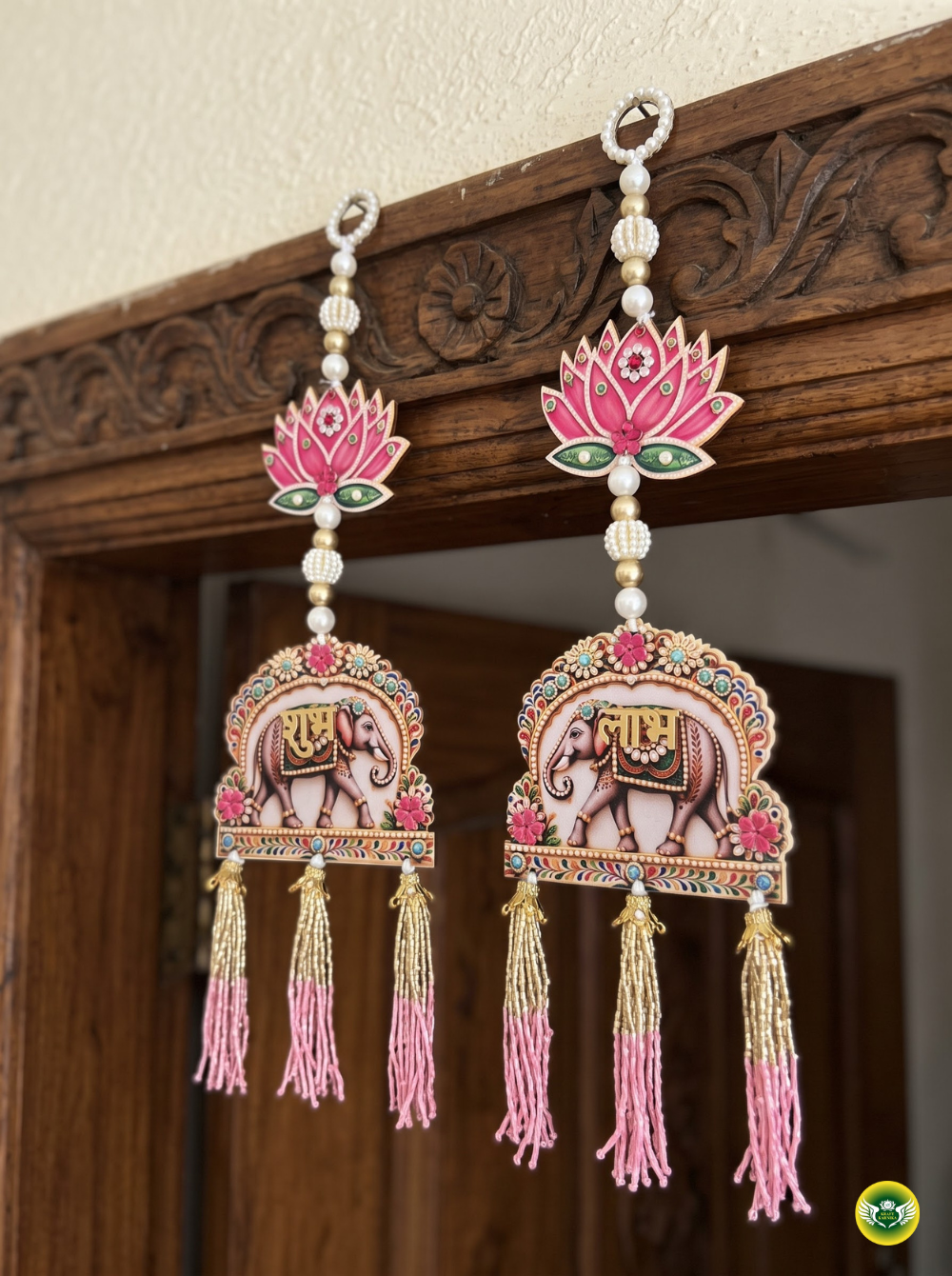 Traditional lotus elephant wall hanging with pink, gold and pearl detailing for Diwali home decor