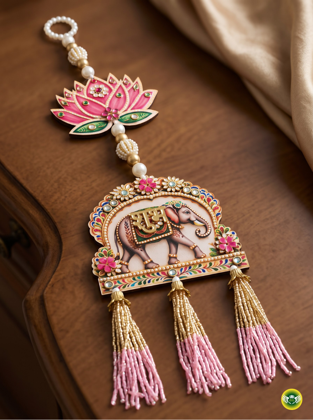 Traditional lotus elephant wall hanging with pink, gold and pearl detailing for Diwali home decor