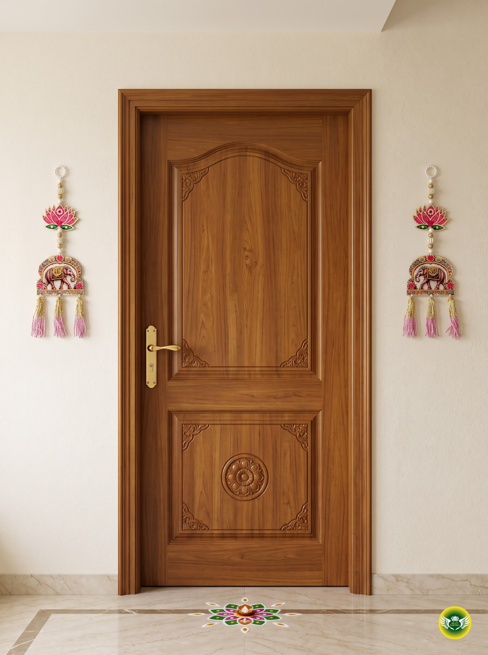Traditional lotus elephant wall hanging with pink, gold and pearl detailing for Diwali home decor