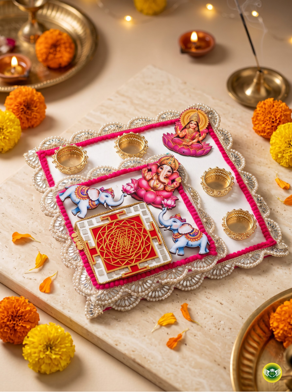 Ganesh Lakshmi decorative pooja thali with pink, gold and pearl detailing