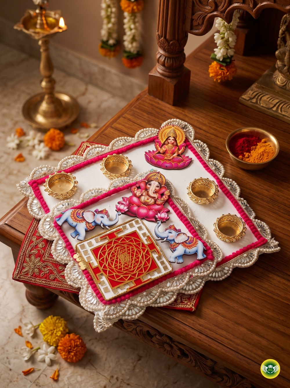 Ganesh Lakshmi decorative pooja thali with pink, gold and pearl detailing