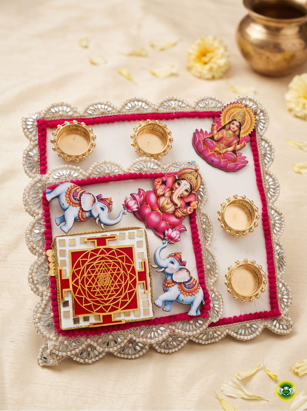 Ganesh Lakshmi decorative pooja thali with pink, gold and pearl detailing