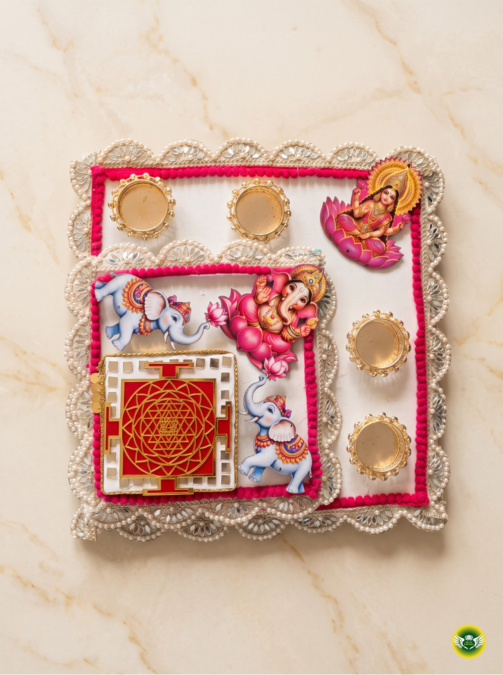 Ganesh Lakshmi decorative pooja thali with pink, gold and pearl detailing